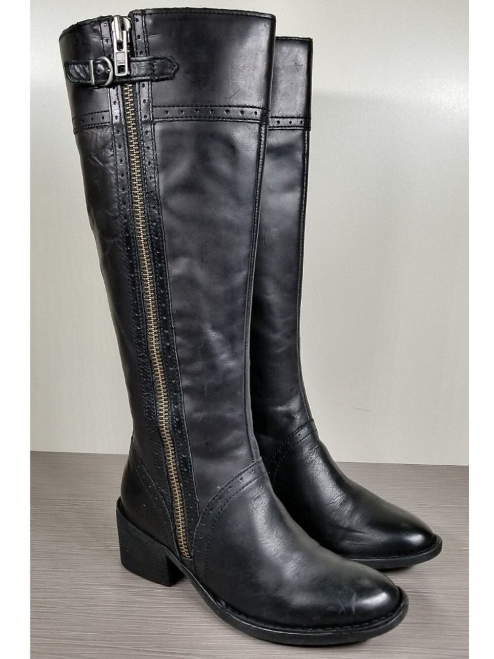 Born Poly Riding Boot, Black Leather Brogue Detailed, Womens Size 6.5